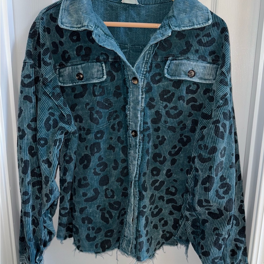 Vintage Bibi Washed Leopard Corduroy Button up Jacket Womens L Raw Hem Boho Blue - Picture 3 of 11